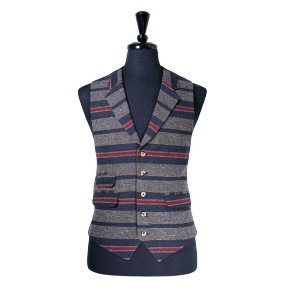 Mens Tweed Wool Vest 42R Gray Blue Red Striped Waistcoat Formal Wedding Party - Picture 1 of 10